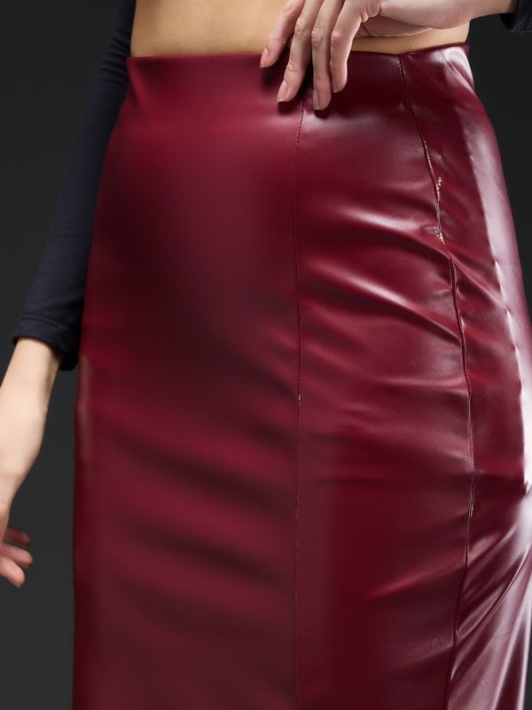 Globus Women Burgundy Solid Synthetic Leather High-rise Front Slit Midi Pencil Party Skirt