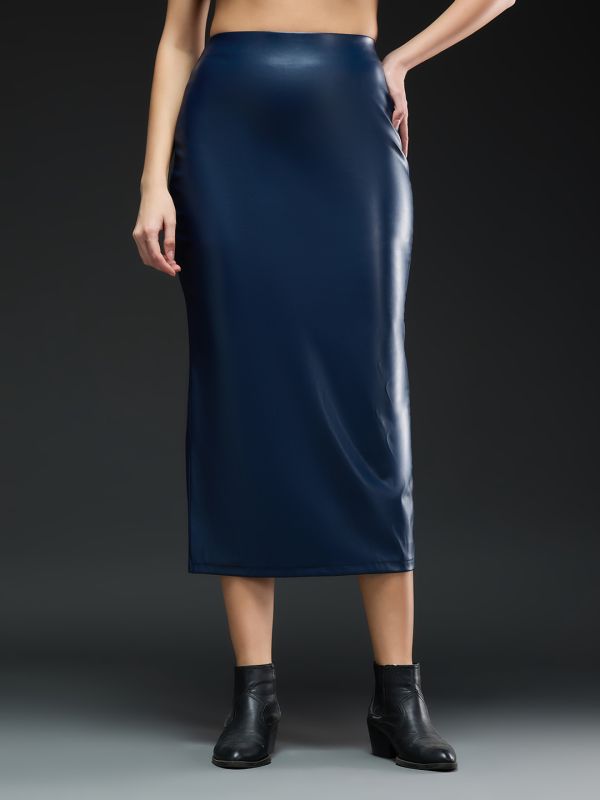 Globus Women Dark Blue Solid Synthetic Leather High-rise Back Slit Midi Pencil Party Skirt
