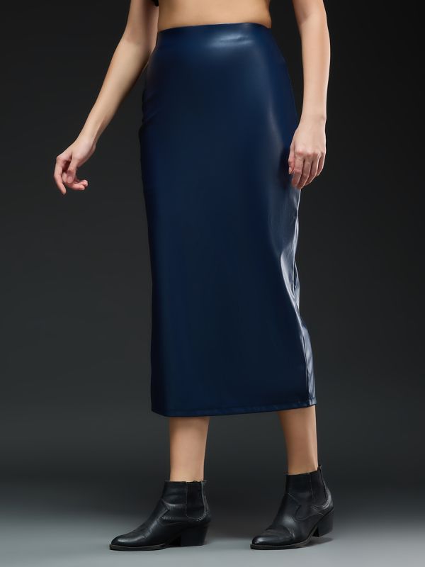 Globus Women Dark Blue Solid Synthetic Leather High-rise Back Slit Midi Pencil Party Skirt