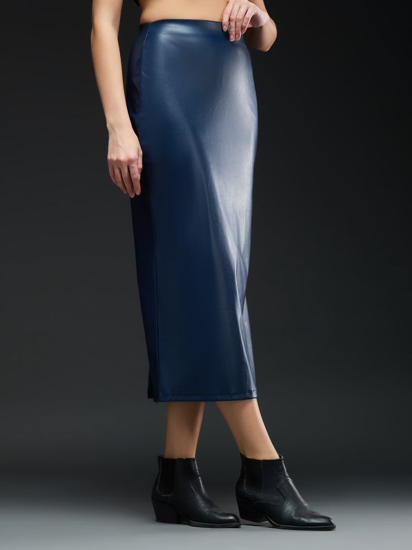 Globus Women Dark Blue Solid Synthetic Leather High-rise Back Slit Midi Pencil Party Skirt