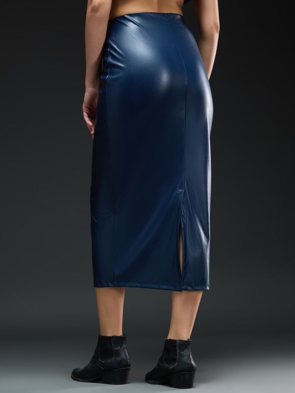 Globus Women Dark Blue Solid Synthetic Leather High-rise Back Slit Midi Pencil Party Skirt