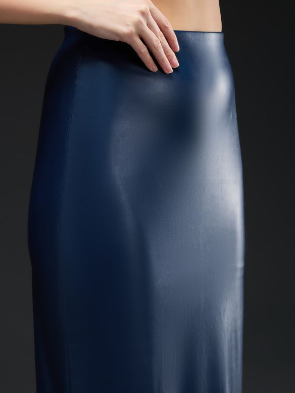 Globus Women Dark Blue Solid Synthetic Leather High-rise Back Slit Midi Pencil Party Skirt