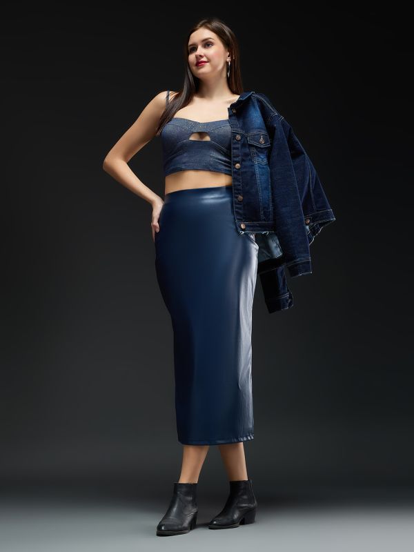 Globus Women Dark Blue Solid Synthetic Leather High-rise Back Slit Midi Pencil Party Skirt