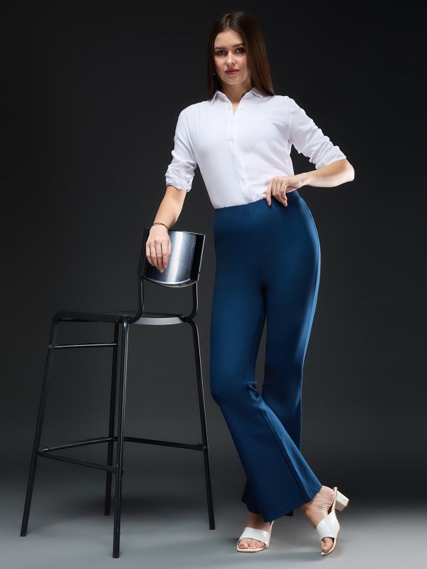 Globus Women Teal High-Rise Stretchable Bootcut Workwear Trousers
