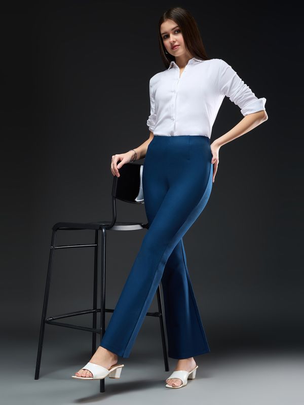 Globus Women Teal High-Rise Stretchable Bootcut Workwear Trousers