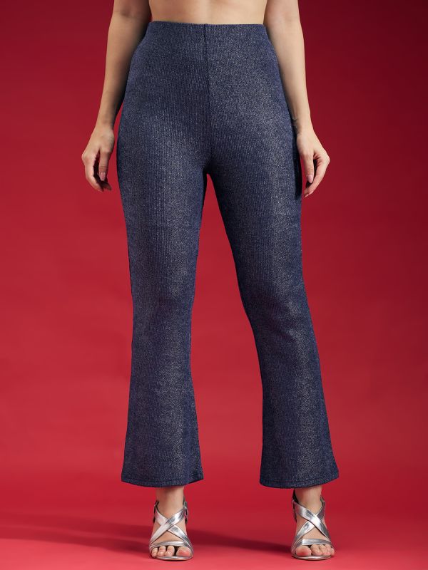 Globus Women Navy Mid Rise Shimmer Flared Fit Party Wear Trousers