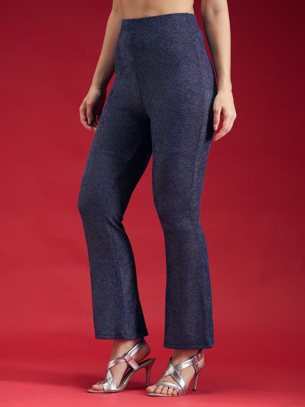 Globus Women Navy Mid Rise Shimmer Flared Fit Party Wear Trousers
