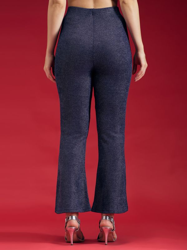 Globus Women Navy Mid Rise Shimmer Flared Fit Party Wear Trousers