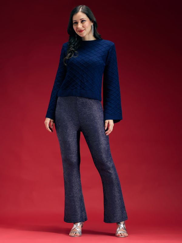 Globus Women Navy Mid Rise Shimmer Flared Fit Party Wear Trousers