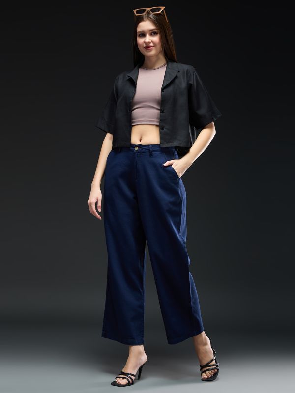Globus Women Navy Blue Cotton Mid-Rise Straight Fit Pocket Detail Workwear Trousers