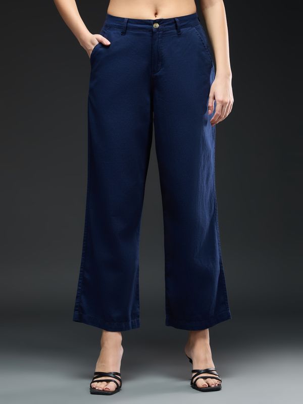 Globus Women Navy Blue Cotton Mid-Rise Straight Fit Pocket Detail Workwear Trousers