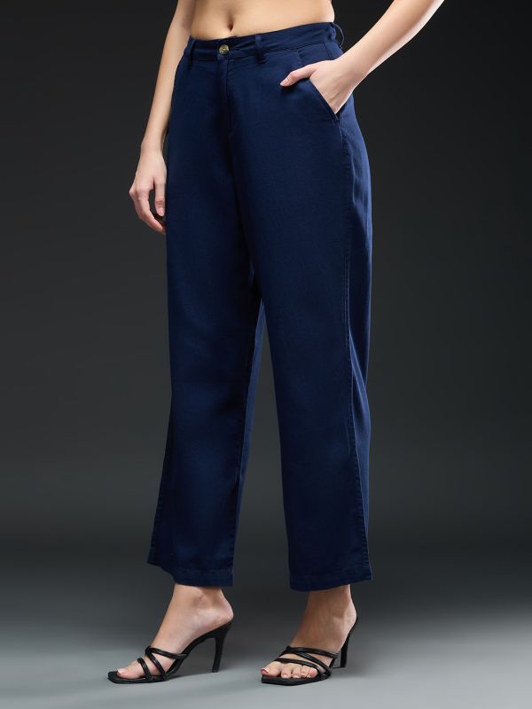 Globus Women Navy Blue Cotton Mid-Rise Straight Fit Pocket Detail Workwear Trousers