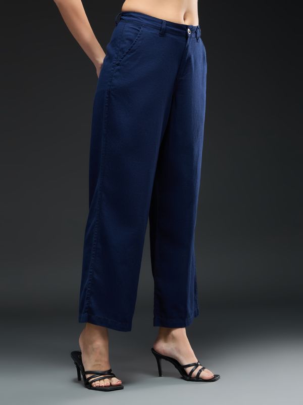 Globus Women Navy Blue Cotton Mid-Rise Straight Fit Pocket Detail Workwear Trousers