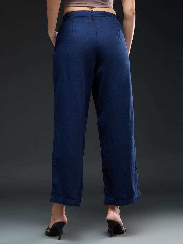 Globus Women Navy Blue Cotton Mid-Rise Straight Fit Pocket Detail Workwear Trousers