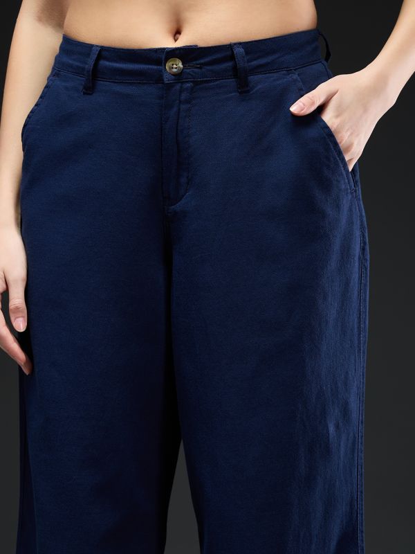 Globus Women Navy Blue Cotton Mid-Rise Straight Fit Pocket Detail Workwear Trousers