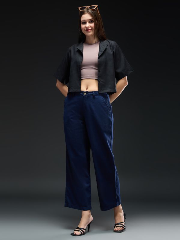 Globus Women Navy Blue Cotton Mid-Rise Straight Fit Pocket Detail Workwear Trousers