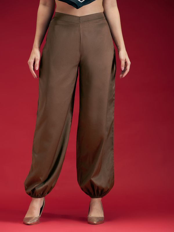 Globus Women Brown Satin Mid Rise Loose Fit Toggle Hem Party Wear Trouser