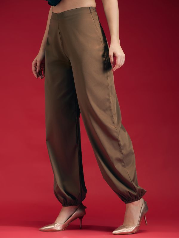 Globus Women Brown Satin Mid Rise Loose Fit Toggle Hem Party Wear Trouser