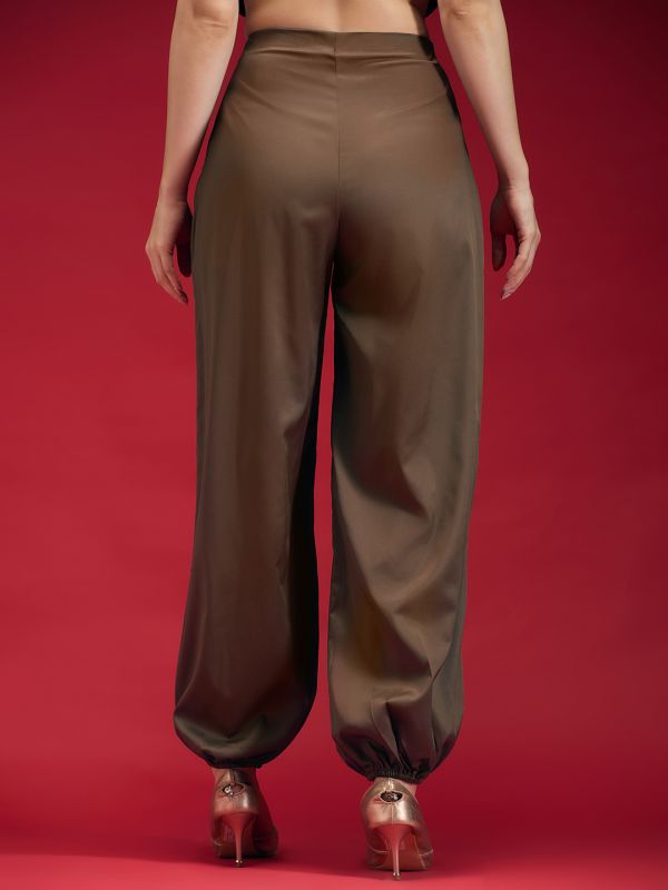 Globus Women Brown Satin Mid Rise Loose Fit Toggle Hem Party Wear Trouser