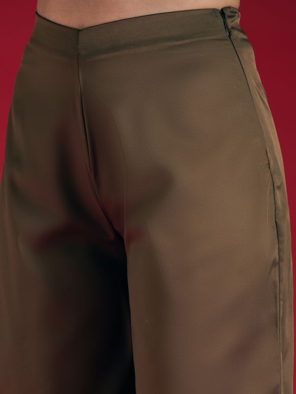 Globus Women Brown Satin Mid Rise Loose Fit Toggle Hem Party Wear Trouser