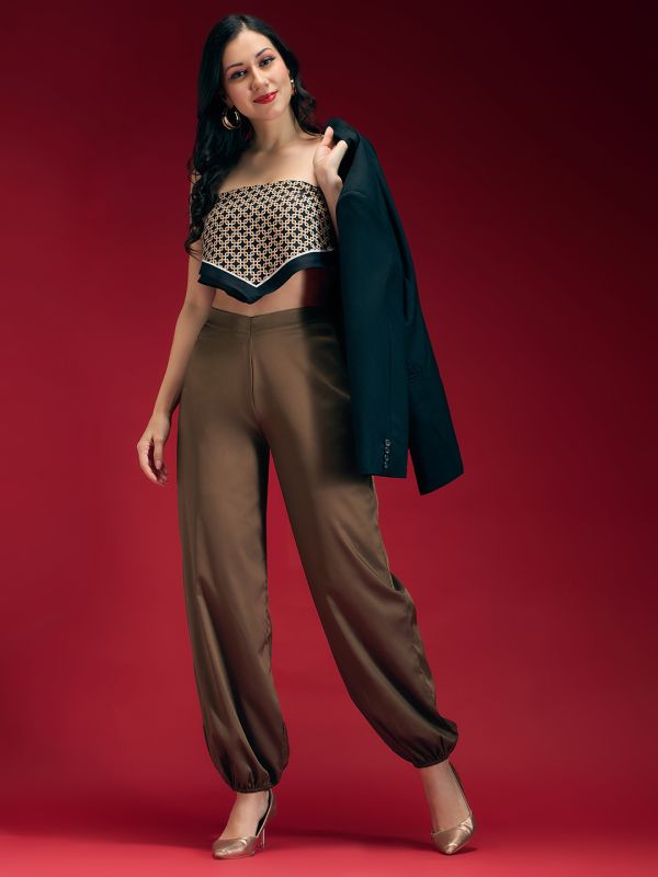 Globus Women Brown Satin Mid Rise Loose Fit Toggle Hem Party Wear Trouser