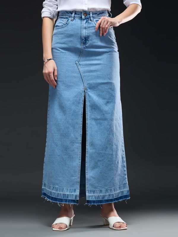 Globus Women Light Blue Solid Mid-Rise High Front Slit Frayed Hem Maxi Party Straight Denim Skirt