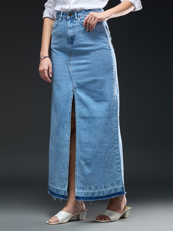 Globus Women Light Blue Solid Mid-Rise High Front Slit Frayed Hem Maxi Party Straight Denim Skirt