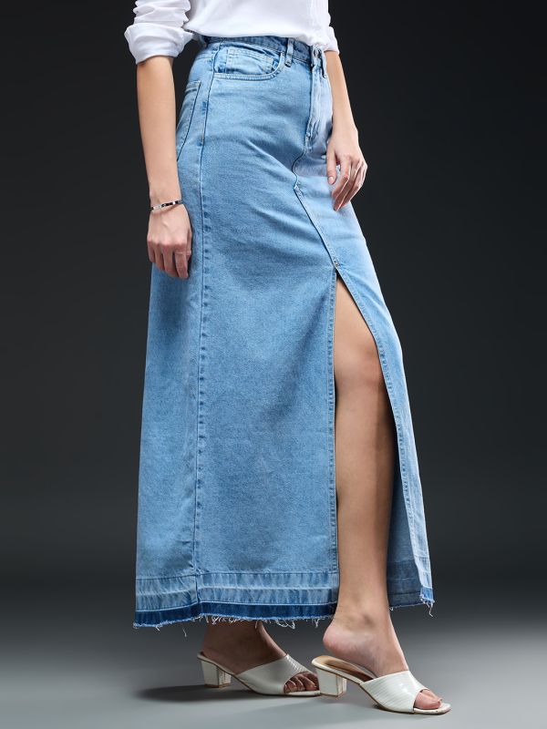 Globus Women Light Blue Solid Mid-Rise High Front Slit Frayed Hem Maxi Party Straight Denim Skirt