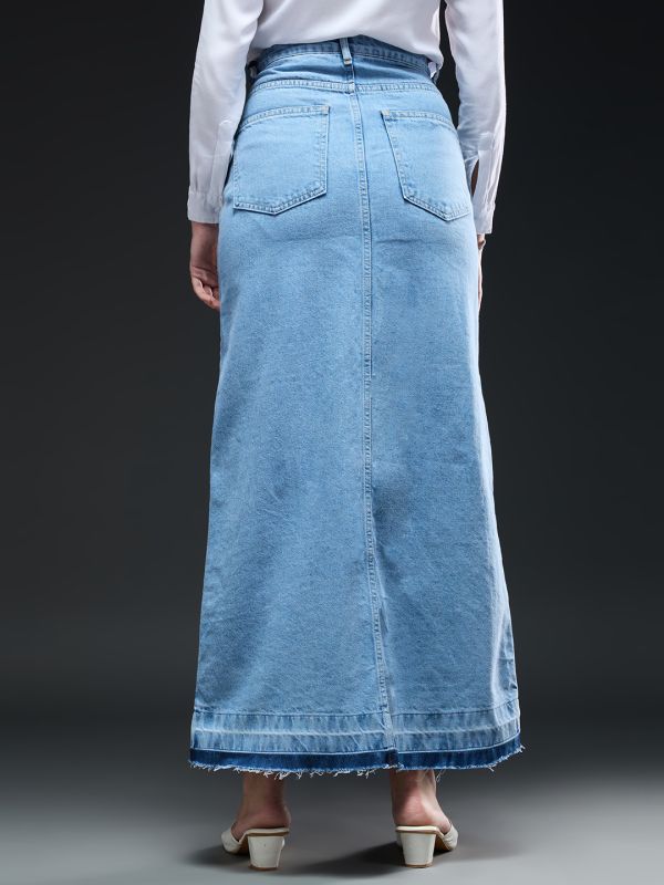 Globus Women Light Blue Solid Mid-Rise High Front Slit Frayed Hem Maxi Party Straight Denim Skirt