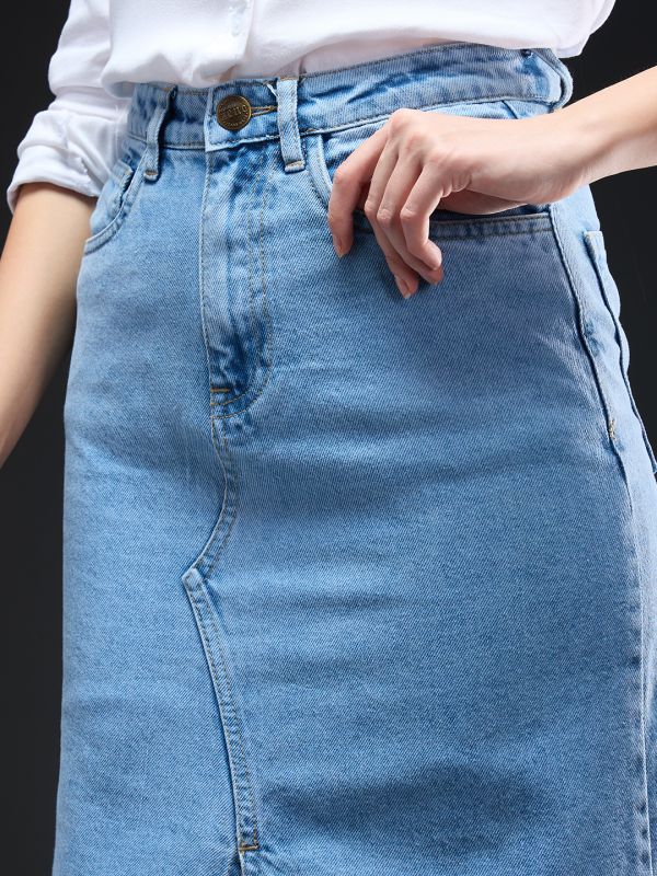 Globus Women Light Blue Solid Mid-Rise High Front Slit Frayed Hem Maxi Party Straight Denim Skirt