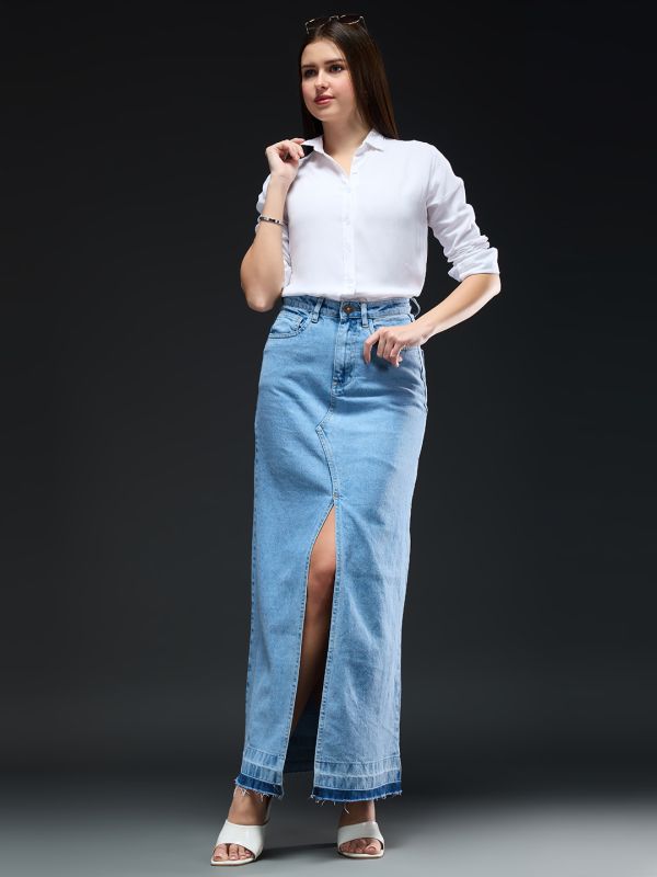 Globus Women Light Blue Solid Mid-Rise High Front Slit Frayed Hem Maxi Party Straight Denim Skirt