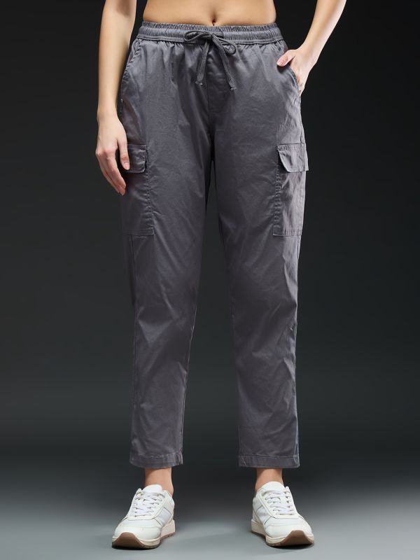 Globus Women Grey Mid-Rise Drawstring Waist Tapered Fit Pocket Detail Cargo Trousers 