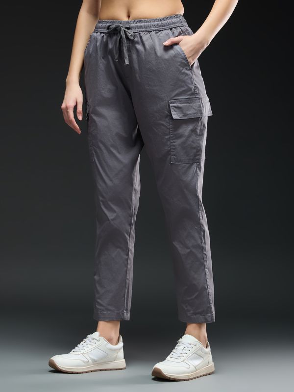 Globus Women Grey Mid-Rise Drawstring Waist Tapered Fit Pocket Detail Cargo Trousers 