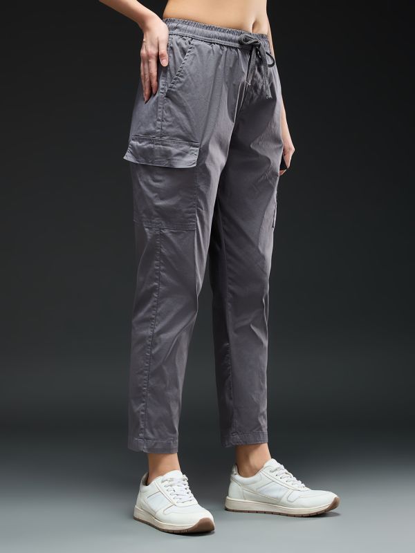 Globus Women Grey Mid-Rise Drawstring Waist Tapered Fit Pocket Detail Cargo Trousers 