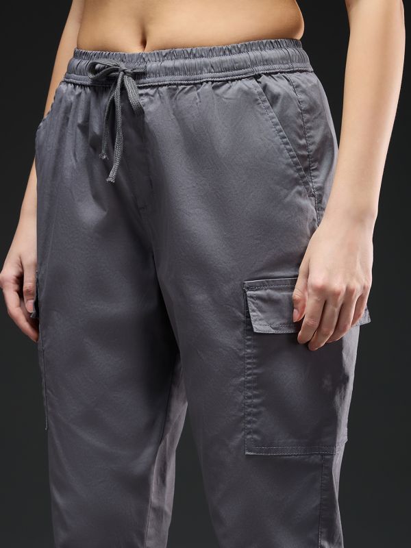 Globus Women Grey Mid-Rise Drawstring Waist Tapered Fit Pocket Detail Cargo Trousers 