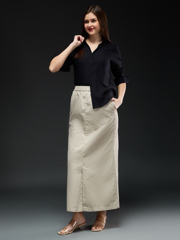 Globus Women Beige Checkered Mid-rise Front Slit Straight Maxi Skirt