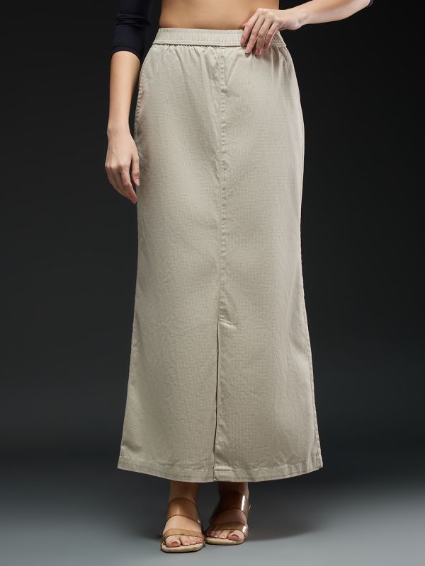 Globus Women Beige Checkered Mid-rise Front Slit Straight Maxi Skirt