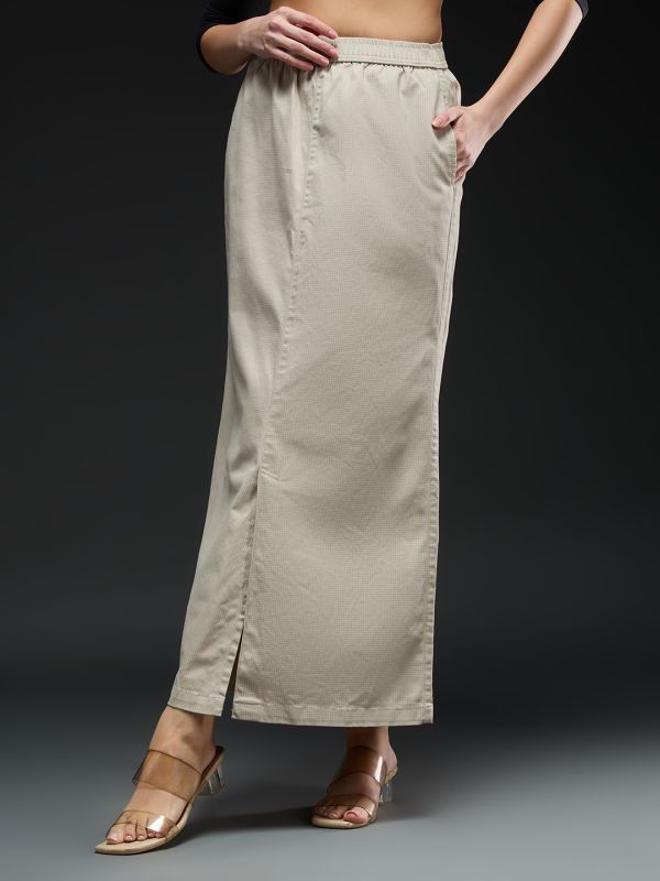 Globus Women Beige Checkered Mid-rise Front Slit Straight Maxi Skirt