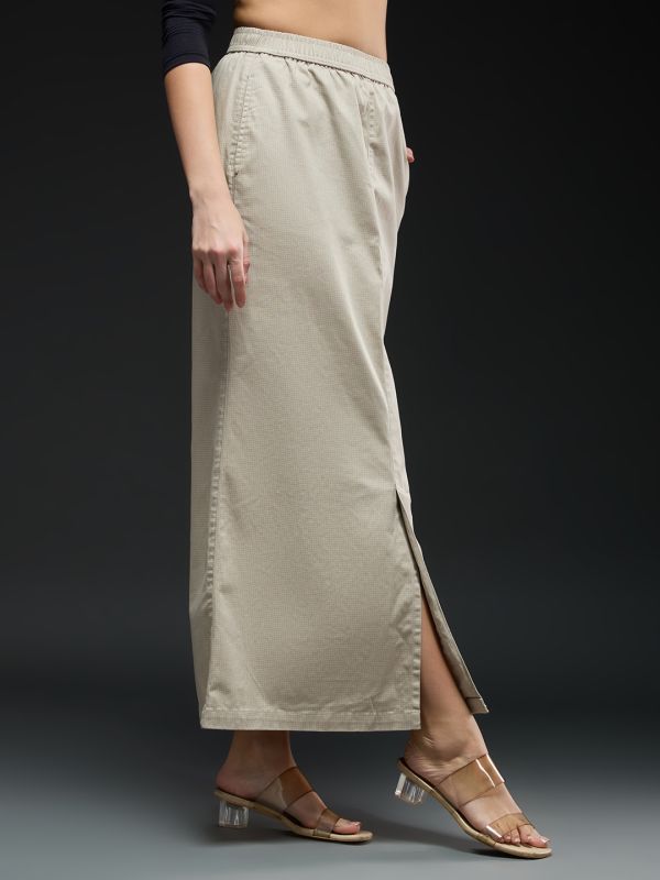 Globus Women Beige Checkered Mid-rise Front Slit Straight Maxi Skirt