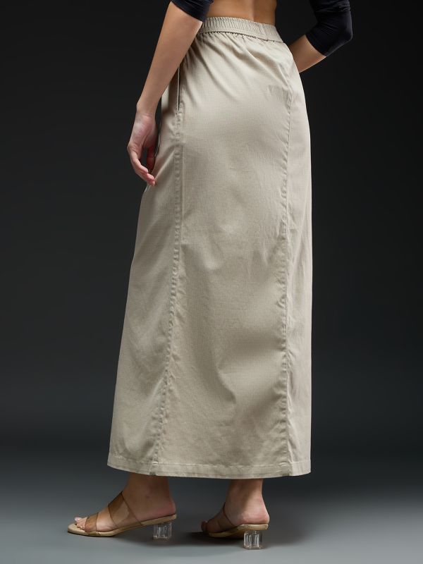 Globus Women Beige Checkered Mid-rise Front Slit Straight Maxi Skirt