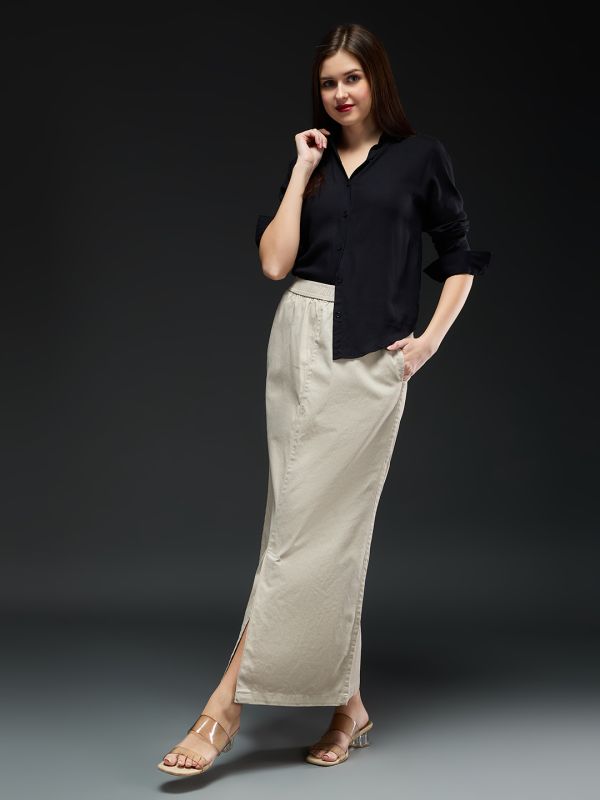 Globus Women Beige Checkered Mid-rise Front Slit Straight Maxi Skirt