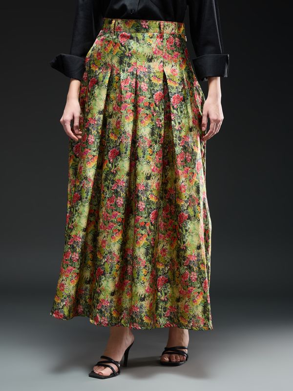 Globus Women Multi Floral Print High-Rise Pleated Flared Maxi Party Skirt