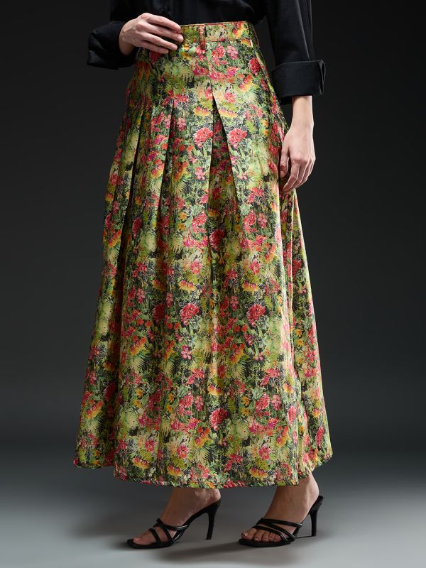 Globus Women Multi Floral Print High-Rise Pleated Flared Maxi Party Skirt