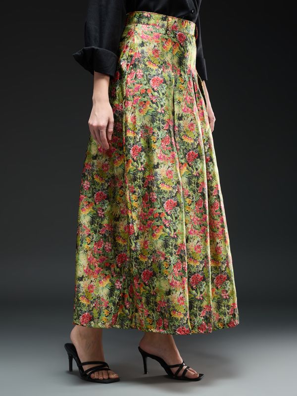 Globus Women Multi Floral Print High-Rise Pleated Flared Maxi Party Skirt