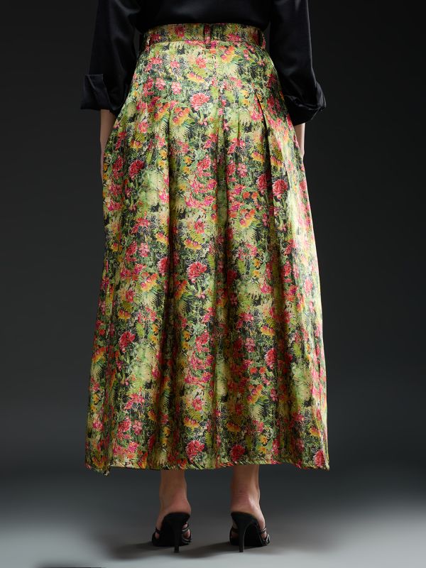 Globus Women Multi Floral Print High-Rise Pleated Flared Maxi Party Skirt