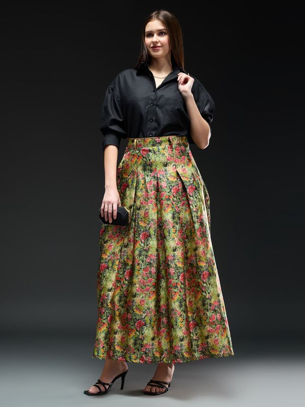 Globus Women Multi Floral Print High-Rise Pleated Flared Maxi Party Skirt