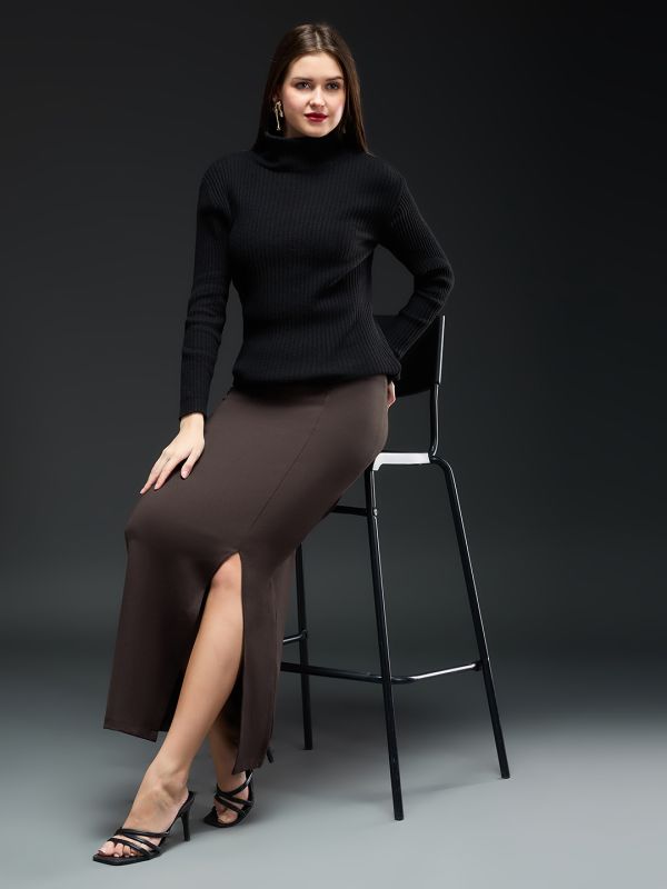 Globus Women Coffee Brown Solid Mid-Rise Front Slit Maxi Workwear Pencil Skirt