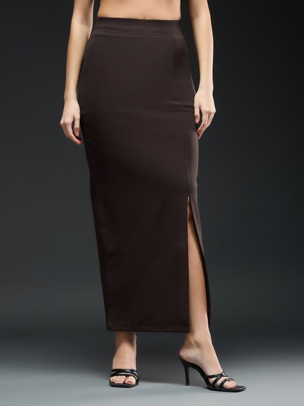 Globus Women Coffee Brown Solid Mid-Rise Front Slit Maxi Workwear Pencil Skirt