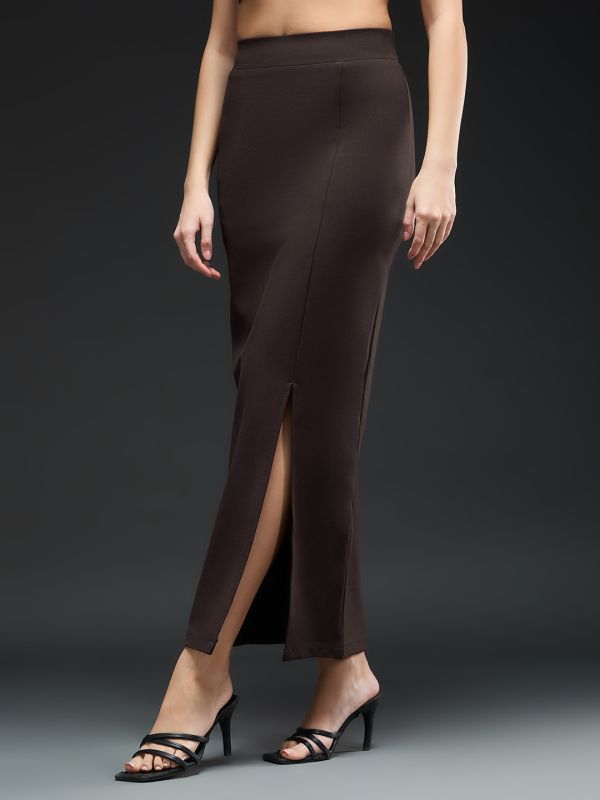 Globus Women Coffee Brown Solid Mid-Rise Front Slit Maxi Workwear Pencil Skirt