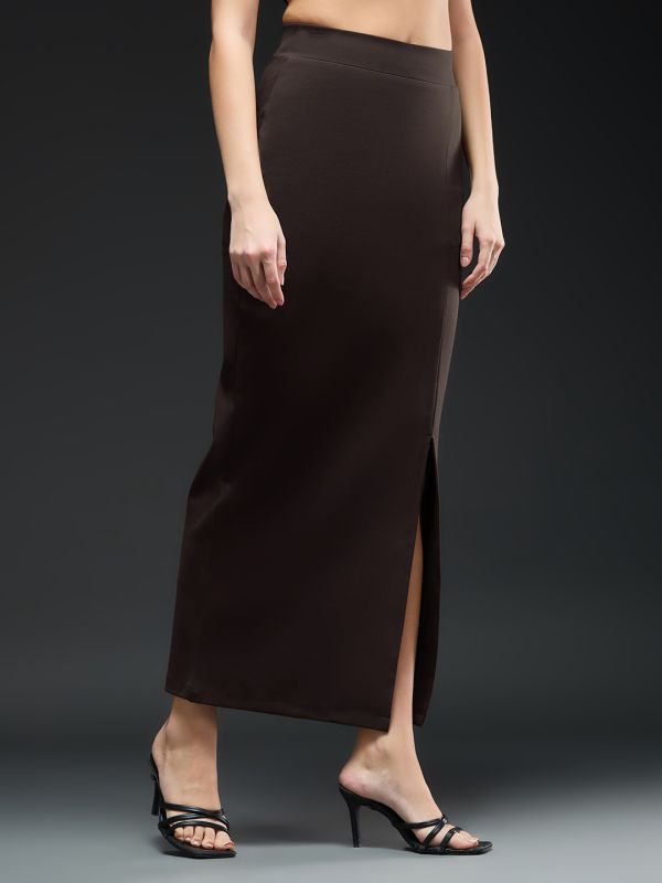 Globus Women Coffee Brown Solid Mid-Rise Front Slit Maxi Workwear Pencil Skirt